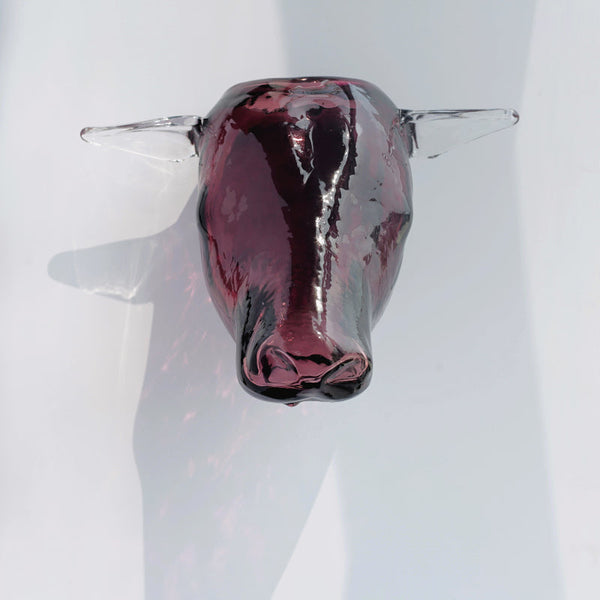 Glass Cow Head Wall Flower Vase - Wine Red