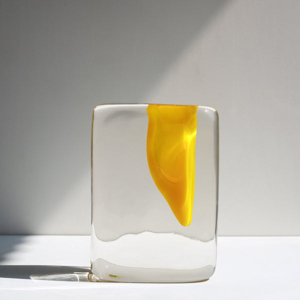Mondernist Colored Glass Block Bud Vase, Decorative table vases, Small Art Glass Vase For Flower Arrangements; Brick vase - Yellow